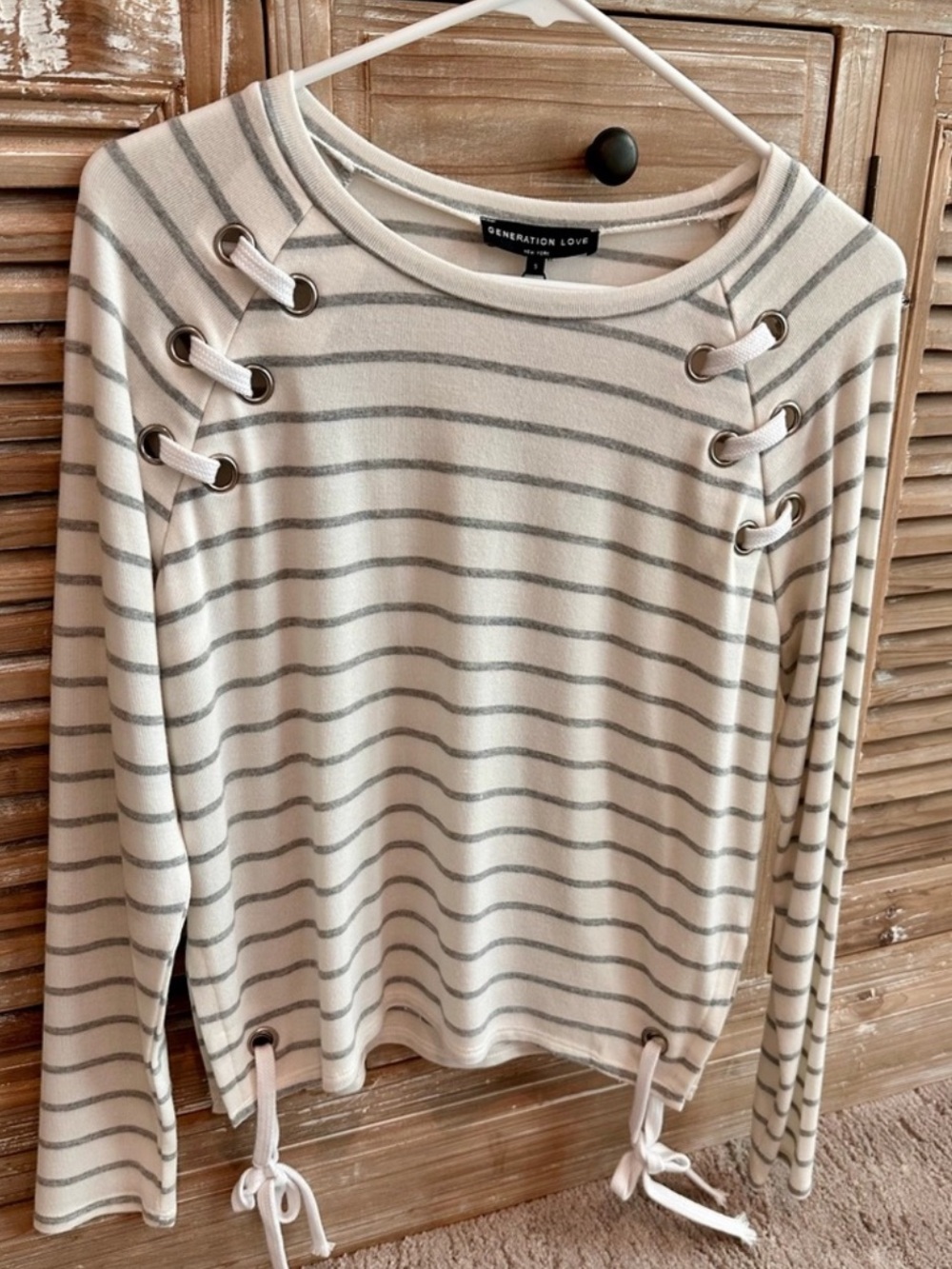 Generation Love Lace-Up Shoulder Top Grey White Stripe Long Sleeve Small NWT